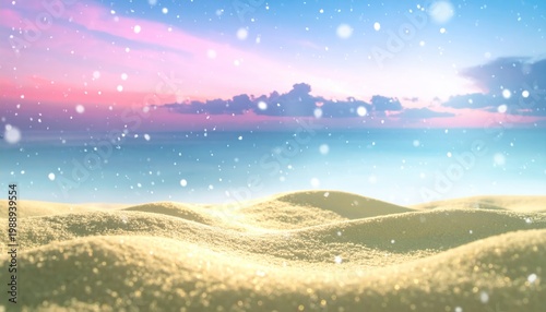 Enchanting desert dunes gently touched by a whimsical snowfall, set against a stunning pastel gradient sky, evoking a serene and dreamlike winter fantasy