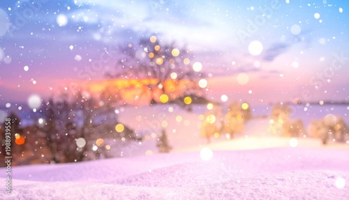 Dreamy winter wonderland scene at dusk with soft falling snow and a vibrant sunset sky creating a magical and serene seasonal backdrop, ideal for holiday themes