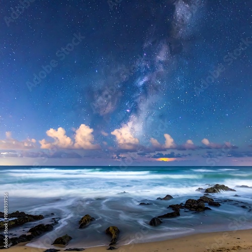 A serene beach scene at night with the Milky Way