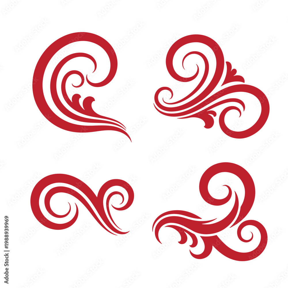 Fototapeta premium Red swirling wave on white background, four stylized