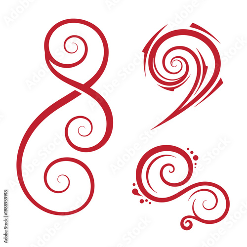 Red swirling shapes on white background, abstract swirls