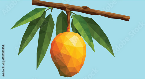 Fresh Mango Hanging on Tree Branch - Modern Geometric Tropical Fruit Art. This artwork represents nature and agriculture, making it perfect for organic food branding, juice packaging, tropical garden.