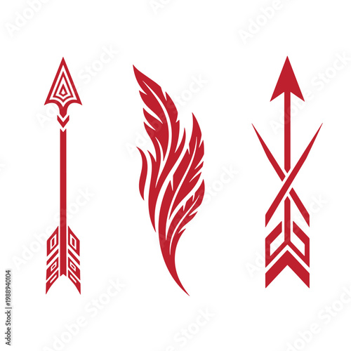 Red tribal arrow and feather on white background, arrows