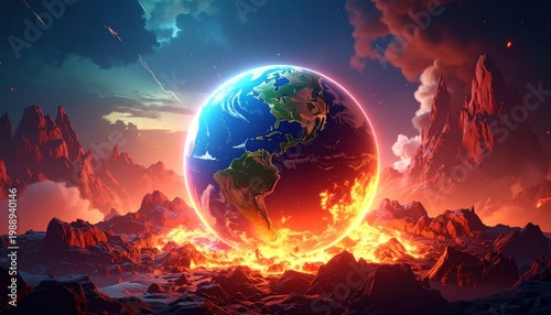 A vibrant illustration of Earth enveloped in fiery energy, illuminating a surreal and dramatic landscape under a stormy sky, representing immense cosmic power and global change