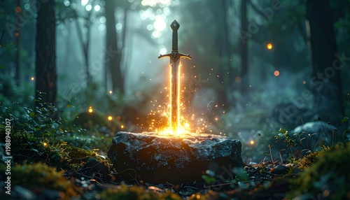 Mystical glowing sword embedded in ancient stone, surrounded by magical forest and sparkling particles