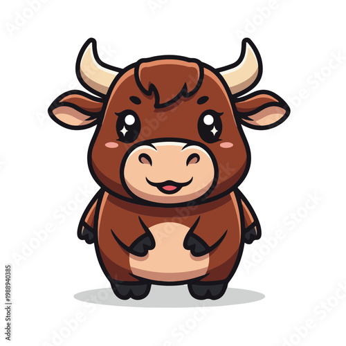 Adorable cartoon baby bull illustration with a friendly and charming expression, a delightful brown bovine character perfect for children's designs and animal themes