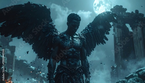 A muscular, winged figure stands stoically amidst ancient, crumbling ruins under a full moon