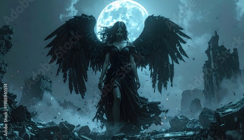 A powerful dark angel with majestic black wings stands amidst ancient ruins under the mystical glow of a luminous blue full moon, emanating an aura of mystery and despair in a haunting fantasy realm
