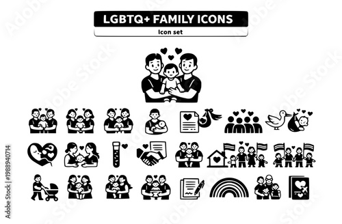 LGBTQ+ Family Parenthood Icon Set Two-Dad Family Two-Mom Family Non-Binary Parent Adoption Donor Conception Surrogacy Co-Parenting Chosen Family Pride Parade Rainbow Milestone