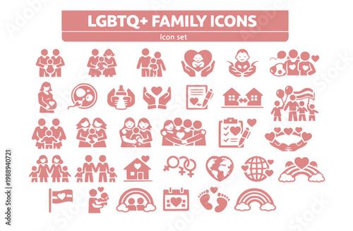 LGBTQ+ Family Parenthood Icon Set Two-Dad Family Two-Mom Family Non-Binary Parent Adoption Donor Conception Surrogacy Co-Parenting Chosen Family Pride Parade Rainbow Milestone