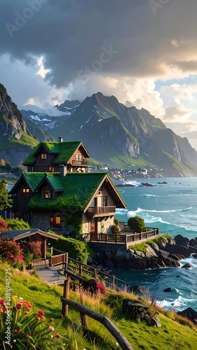 A serene coastal village with rustic houses