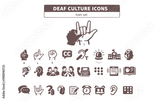 Deaf Culture Hard-of-Hearing Community Icon Set ASL Hand Alphabet Caption Toggle Hearing Loop Visual Alert Cochlear Implant CODA Family Interpreter Request TTY Tactile Braille
