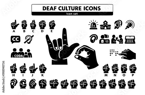 Deaf Culture Hard-of-Hearing Community Icon Set ASL Hand Alphabet Caption Toggle Hearing Loop Visual Alert Cochlear Implant CODA Family Interpreter Request TTY Tactile Braille