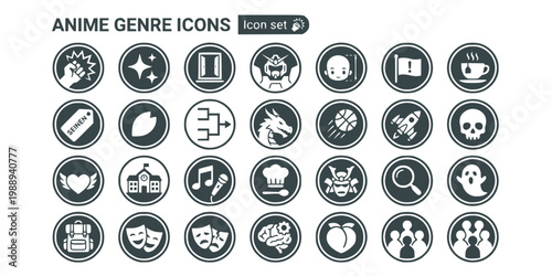 Anime Manga Genre Badge Icon Set Shonen Spark Shojo Sparkle Isekai Portal Mecha Cockpit Chibi Head Seinen Label Josei Petal Tournament Arc Bracket Vector Illustration