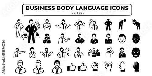Business Body Language Emotion Icon Set Confident Stance Arms Cross Open Palm Negotiation Overwhelmed Eureka Power Pose Burnout Slouch Active Listening Lean