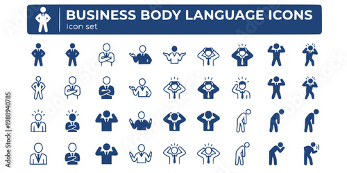 Business Body Language Emotion Icon Set Confident Stance Arms Cross Open Palm Negotiation Overwhelmed Eureka Power Pose Burnout Slouch Active Listening Lean