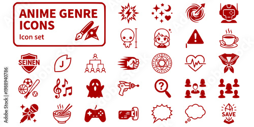Anime Manga Genre Badge Icon Set Shonen Spark Shojo Sparkle Isekai Portal Mecha Cockpit Chibi Head Seinen Label Josei Petal Tournament Arc Bracket Vector Illustration