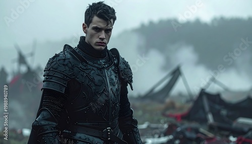 A solemn knight in dark, detailed armor stands amidst the somber aftermath of a devastating medieval battle, his gaze reflecting the grim reality of conflict and loss