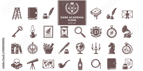 Dark Academia Victorian Study Icon Set Library Ladder Leather Tome Quill Inkwell Wax Seal Skeleton Key Oil Lamp Pressed Botanical Hourglass Latin Scroll
