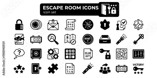 Escape Room Puzzle Game Design Icon Set Combination Padlock Cipher Wheel Clue Envelope Red Herring Difficulty Star Countdown Clock Hint Token Hidden Drawer UV Reveal Solution Key
