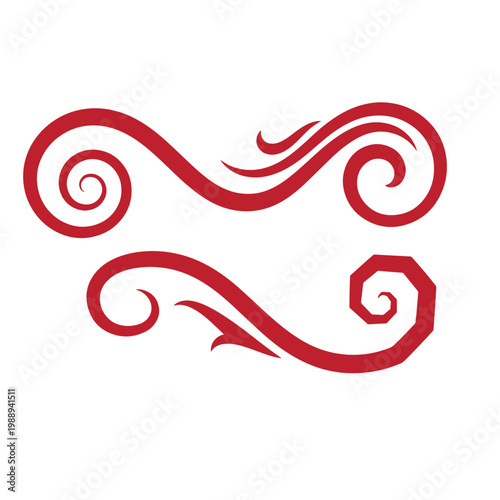 Red swirling decorative on white background, 6 10 curls