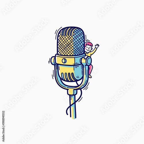 A small character waving from behind a vintage studio microphone.