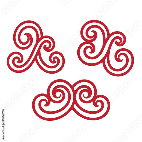 Red swirling motifs on white background, three symmetrical