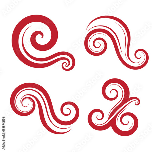 Red swirls on white background, four stylized curls swirling shapes stylized abstract patterns
