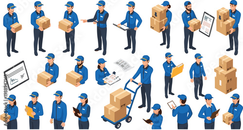 Isometric delivery man and courier character set with workers carrying boxes using hand trucks and signing documents in flat vector style