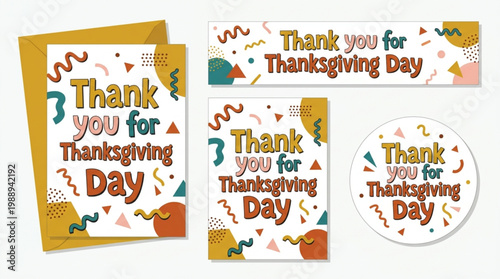 Flat lay of Thanksgiving Day cards and stickers on a white background with warm autumnal colors