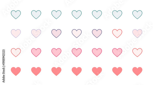 Heart Series: A collection of heart-shaped illustrations in varying shades, arranged in neat rows, ideal for expressing love, affection, and emotional connections. 