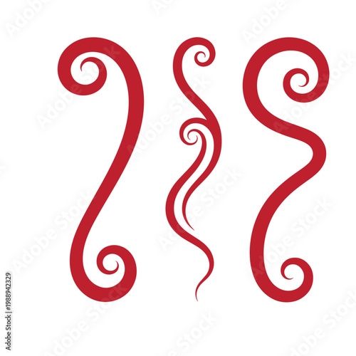 Red swirly flourishes on white background, 4 07 curls