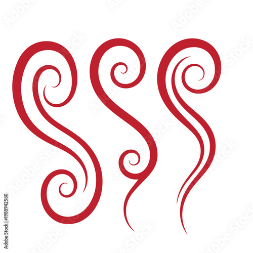 Red swirly on white background, three curly shapes