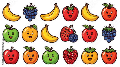 A Burst of Fruity Delight: A vibrant collection of animated fruits, each with its own unique personality, forming a cheerful ensemble. A whimsical and colorful illustration