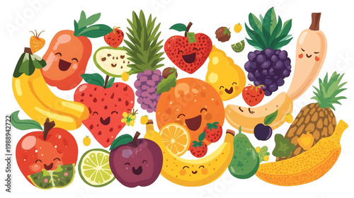 A Whimsical Fruit Fiesta: A cheerful collection of vibrant fruits, each with a unique personality, form a joyful, cartoonish spectacle of deliciousness.