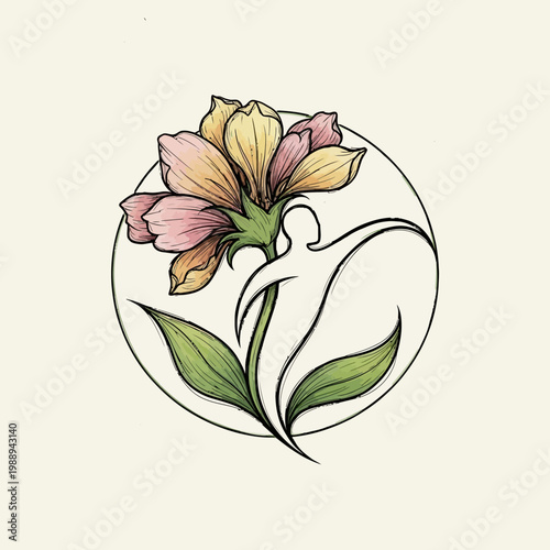 Abstract illustration of a stylized human figure merging with a blooming flower.