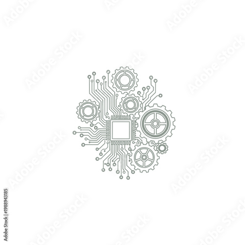 Abstract illustration of computer processor chip with mechanical gears and electronic circuit board lines.