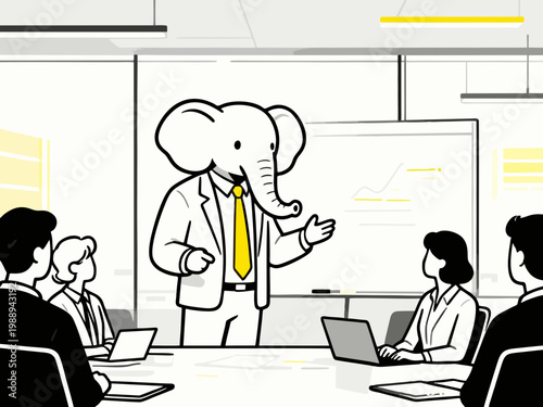 Minimalist flat vector illustration anthropomorphic elephant manager leading a business meeting in a modern office
