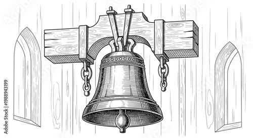 Vintage church bell with wooden beam.