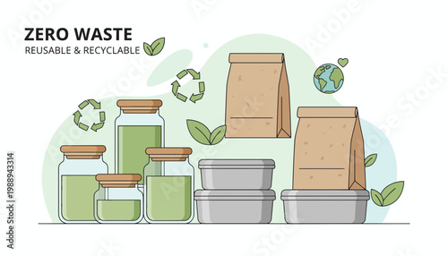 Zero Waste Lifestyle Eco-friendly illustration with reusable glass jars, sustainable food containers, and recyclable paper bags for a greener daily life