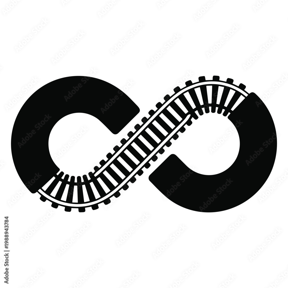 Fototapeta premium Symbol of infinity shaped with a detailed train railroad track and ties on a white background