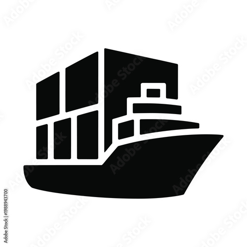 Stylized black silhouette of a cargo ship carrying multiple shipping containers isolated on transparent background