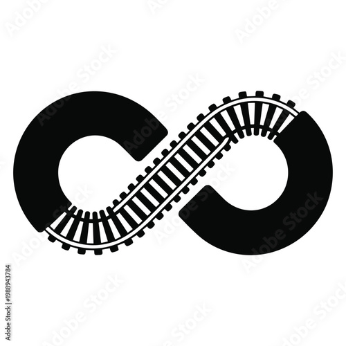 Symbol of infinity shaped with a detailed train railroad track and ties on a white background