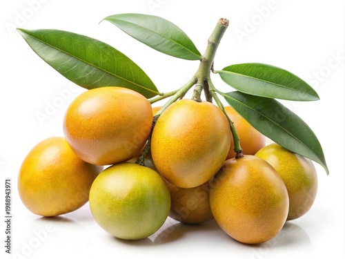 Ripe imbu fruits on a branch with green leaves, isolated on white