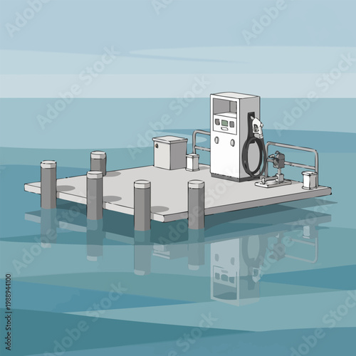 Floating fuel station with marine gas pump in the ocean