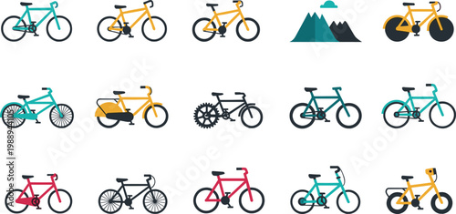 Bicycle and cycling vector icon set with diverse bike styles including mountain, road, and city bikes in flat design