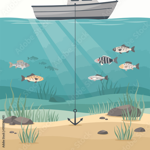 Fishing boat with anchor and fish swimming in sea