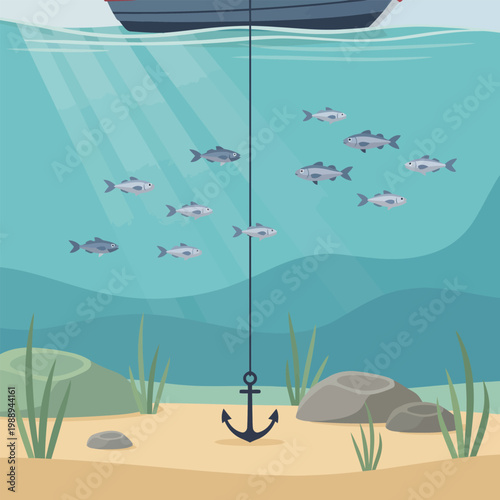 Underwater fishing with fish and a boat near an anchor