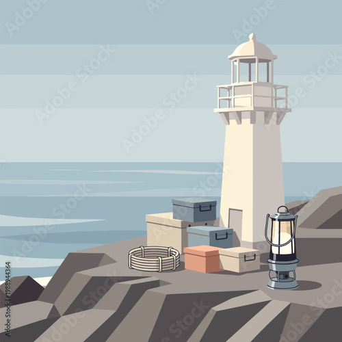 Lighthouse on coastal cliffs with boxes and coiled rope near the ocean