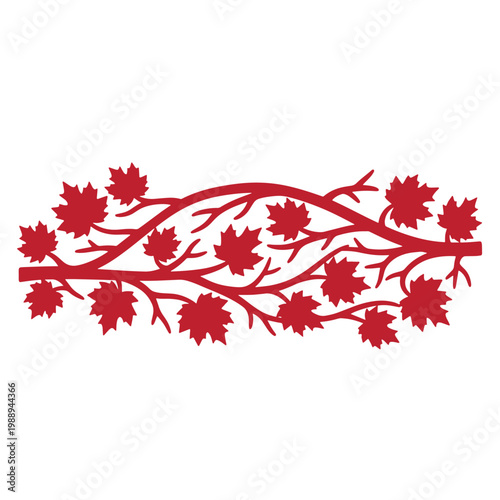 Red maple tree branch with leaves on white background, black background, not visible